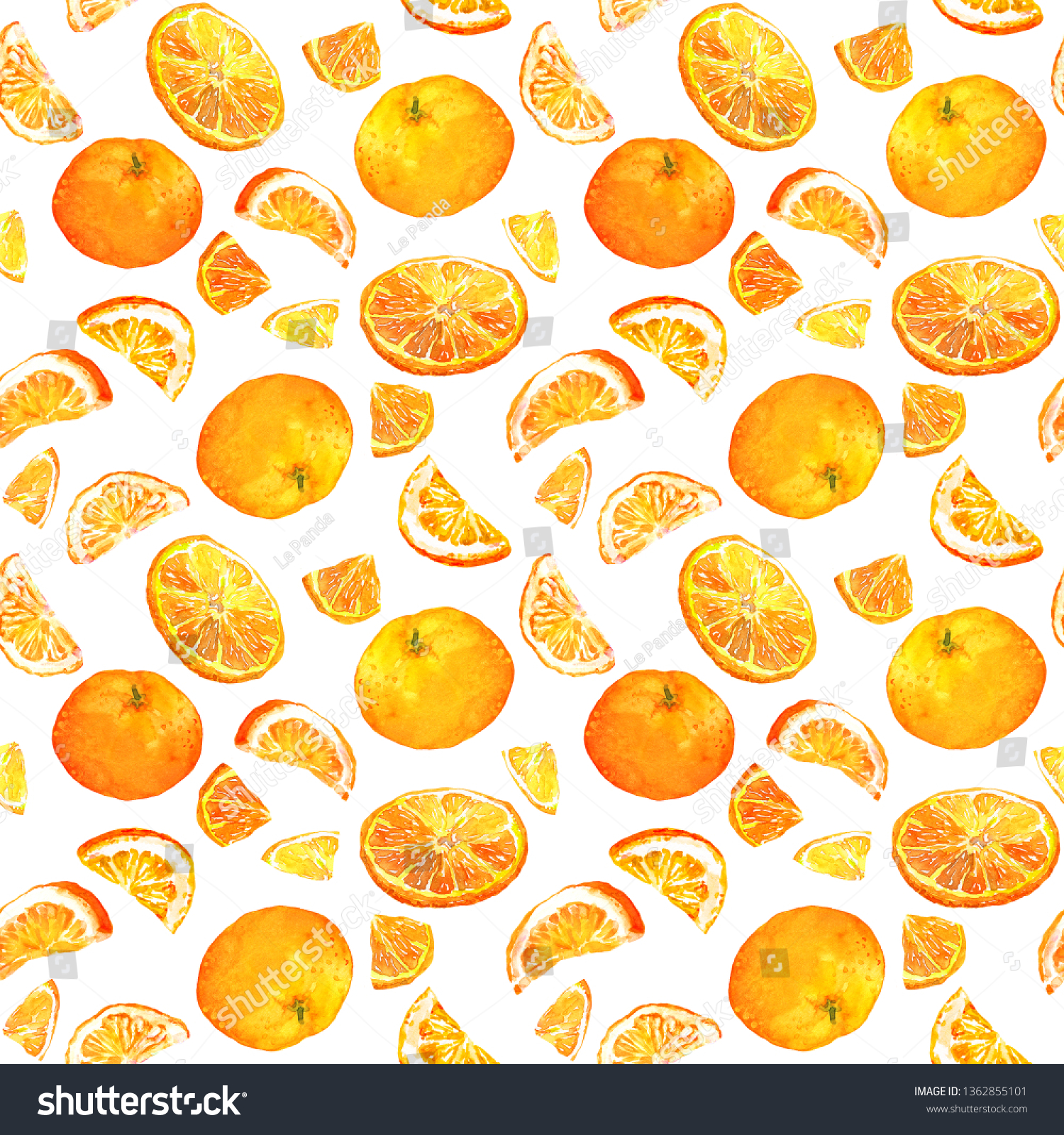 Bright pattern with oranges - whole and slices. Seamless pattern. Watercolor on white background #1362855101