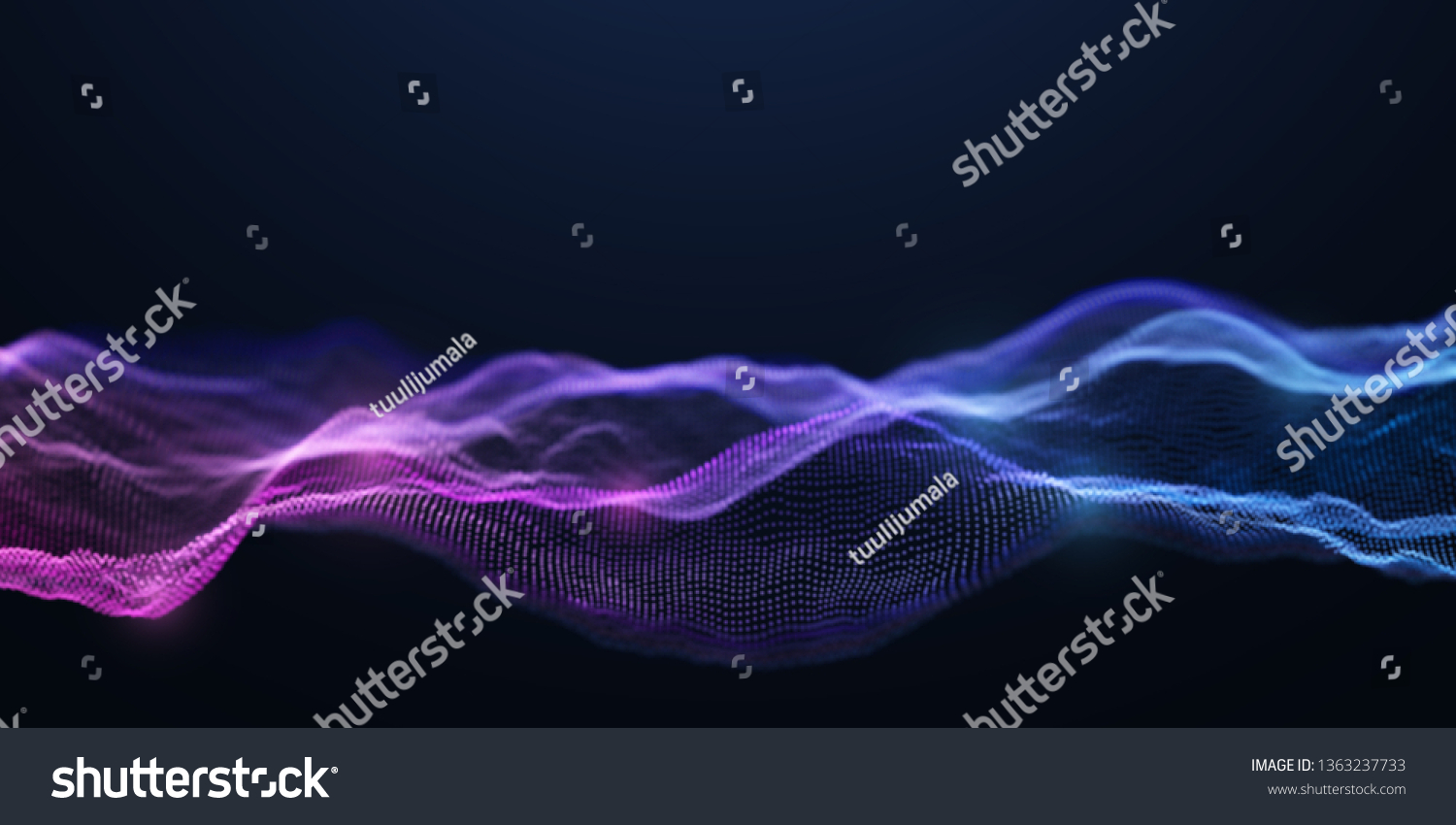 Blue and Purple Wavy Particle Surface on Black Background. Abstract Technology or Science Banner. Cyber Space Background. Particles with DOF Effect. EPS10 Vector Illustration. #1363237733