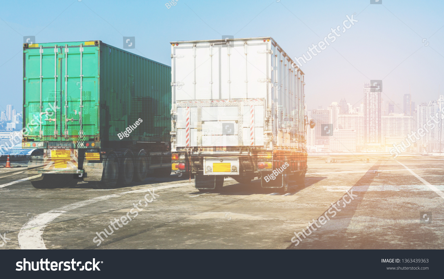 Truck on highway road with container, transportation concept.,import,export logistic industrial Transporting Land transport on the asphalt expressway with blue sky                        #1363439363