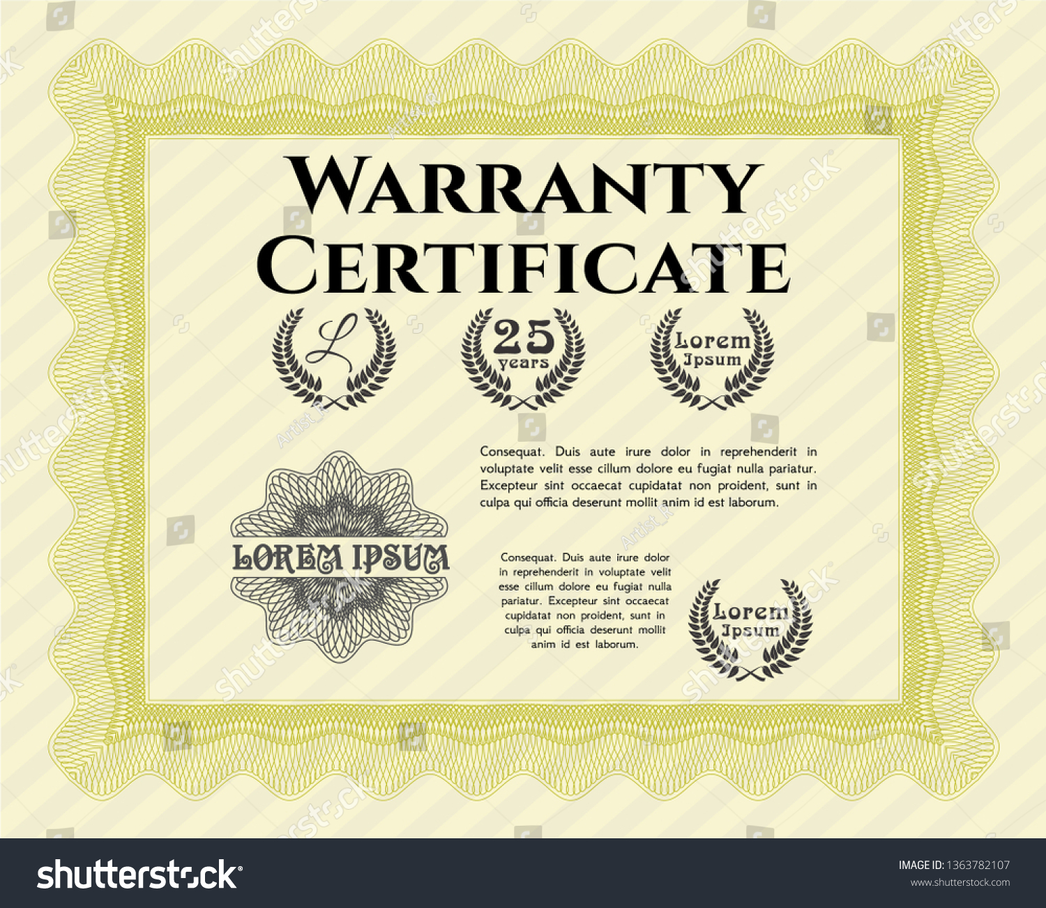 Yellow Warranty Certificate template. Detailed. - Royalty Free Stock ...