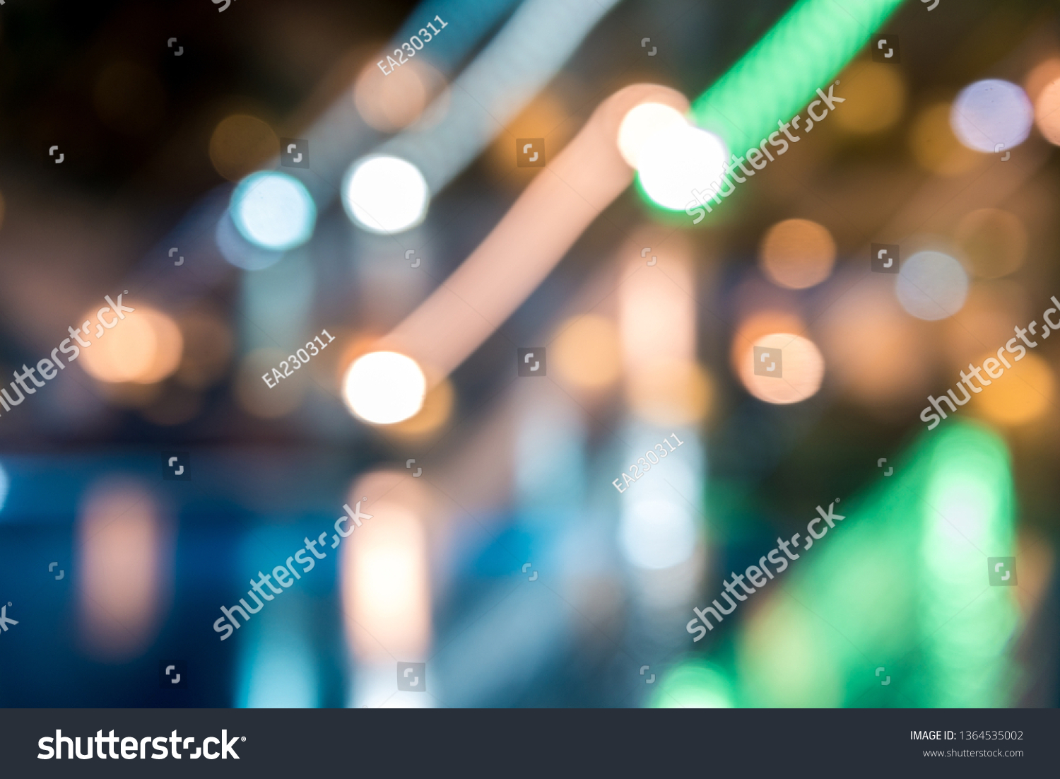 blurred night background, colored lights, water and buildings in defocus. Horizontal frame #1364535002