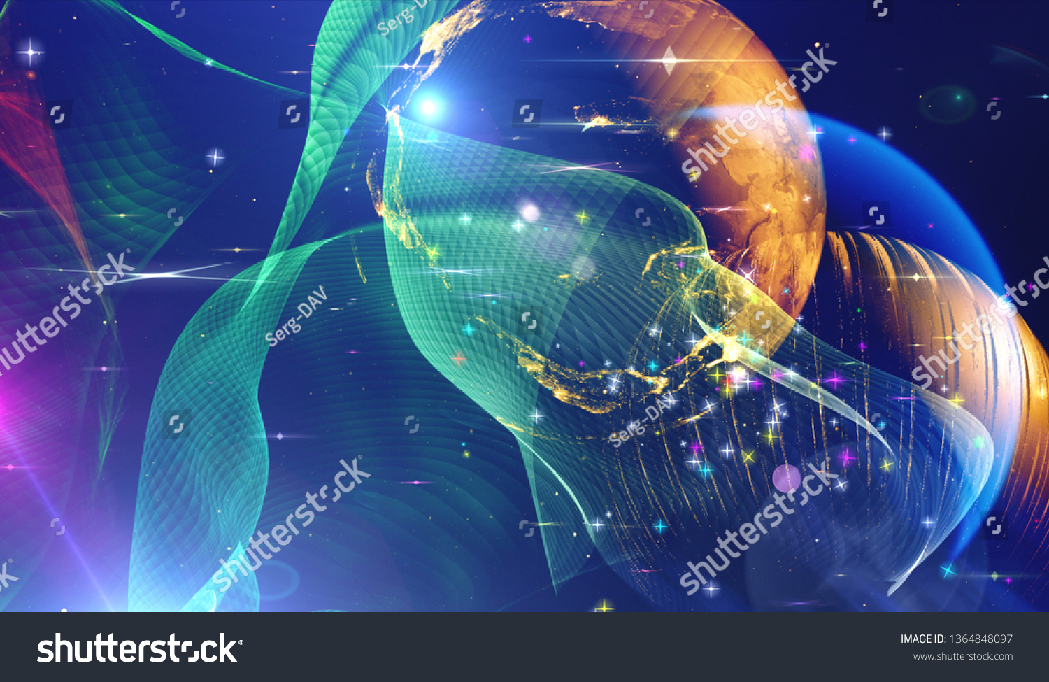 Explosion of stars in space. Planets in distant solar system in space. Computer technological graphics. Digital illustration. #1364848097