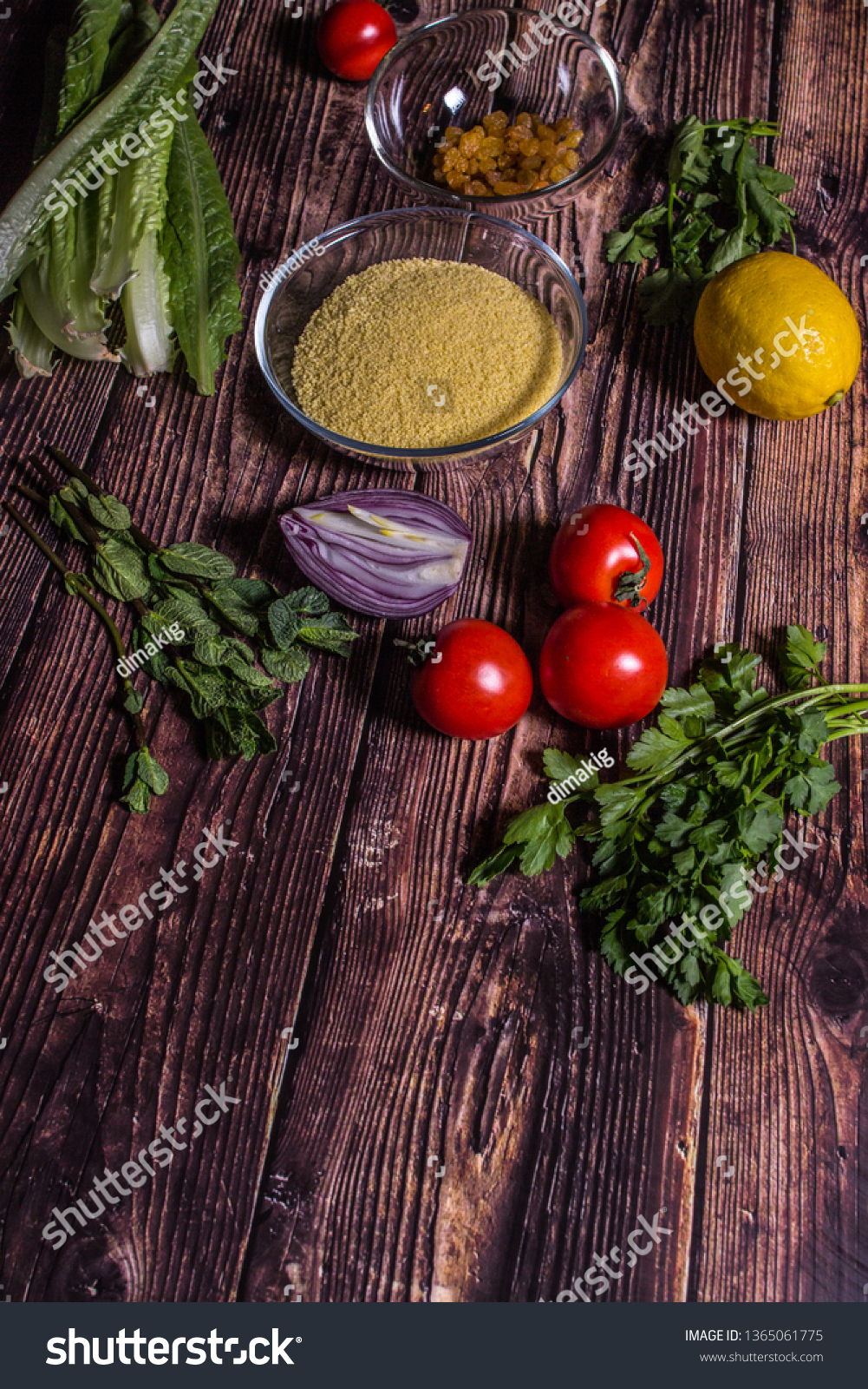 Ingredients for cooking Tabbouleh - Levantine vegetarian salad. Traditionally food of the Arabic world.  #1365061775
