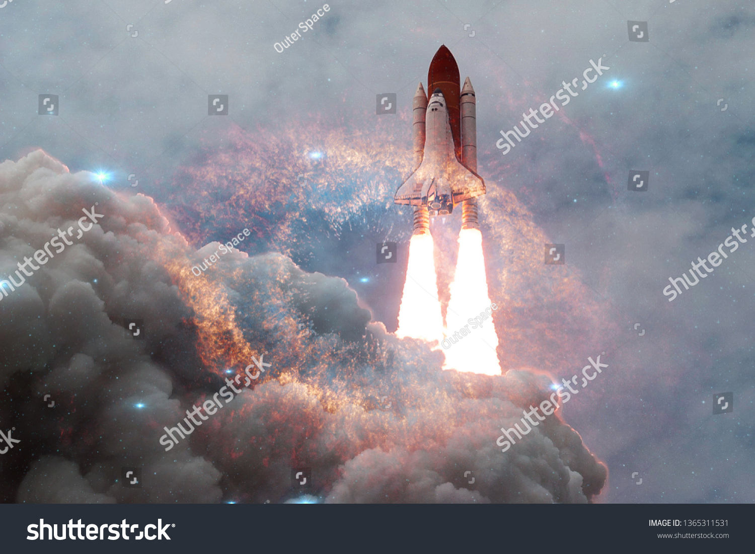 Space shuttle taking off on a mission. Deep space. Beauty of endless universe. Elements of this image furnished by NASA #1365311531