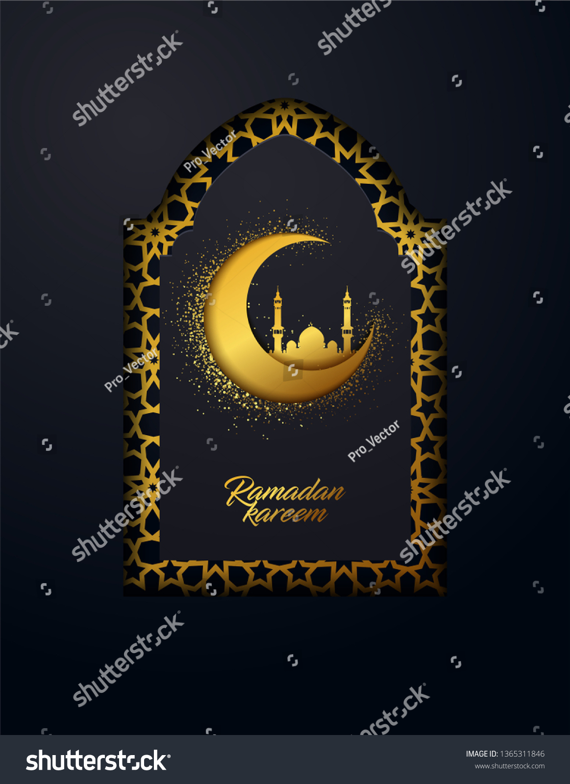 Ramadan Kareem vector background made from shiny gold ornament and effect of the cut paper. Traditional Islamic holy holiday. Creative design greeting card, banner, poster. #1365311846
