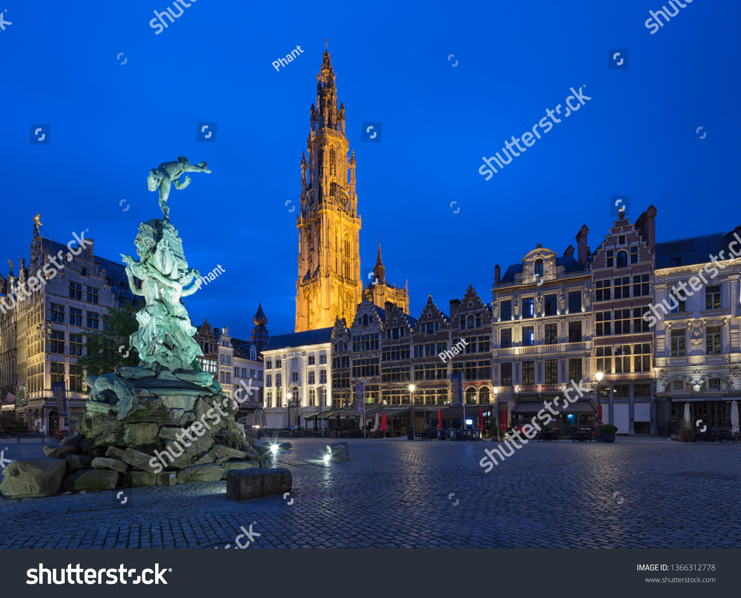 Market square and Cathedral of Our Lady and Famous fountain with Statue of Brabo in Antwerpen, Belgium. in Antwerpen, Belgium. #1366312778