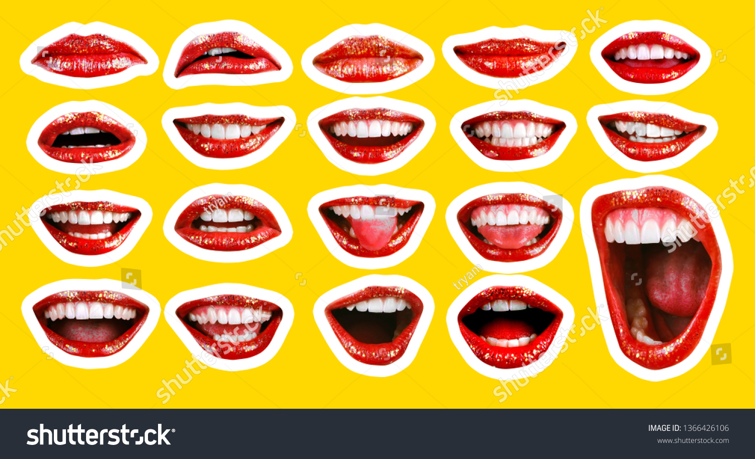 Collage in magazine style with emotional woman's lip gestures set. Girl mouth close up with lipstick makeup expressing different emotions. Black and white toned sunny summer colorful yellow background #1366426106