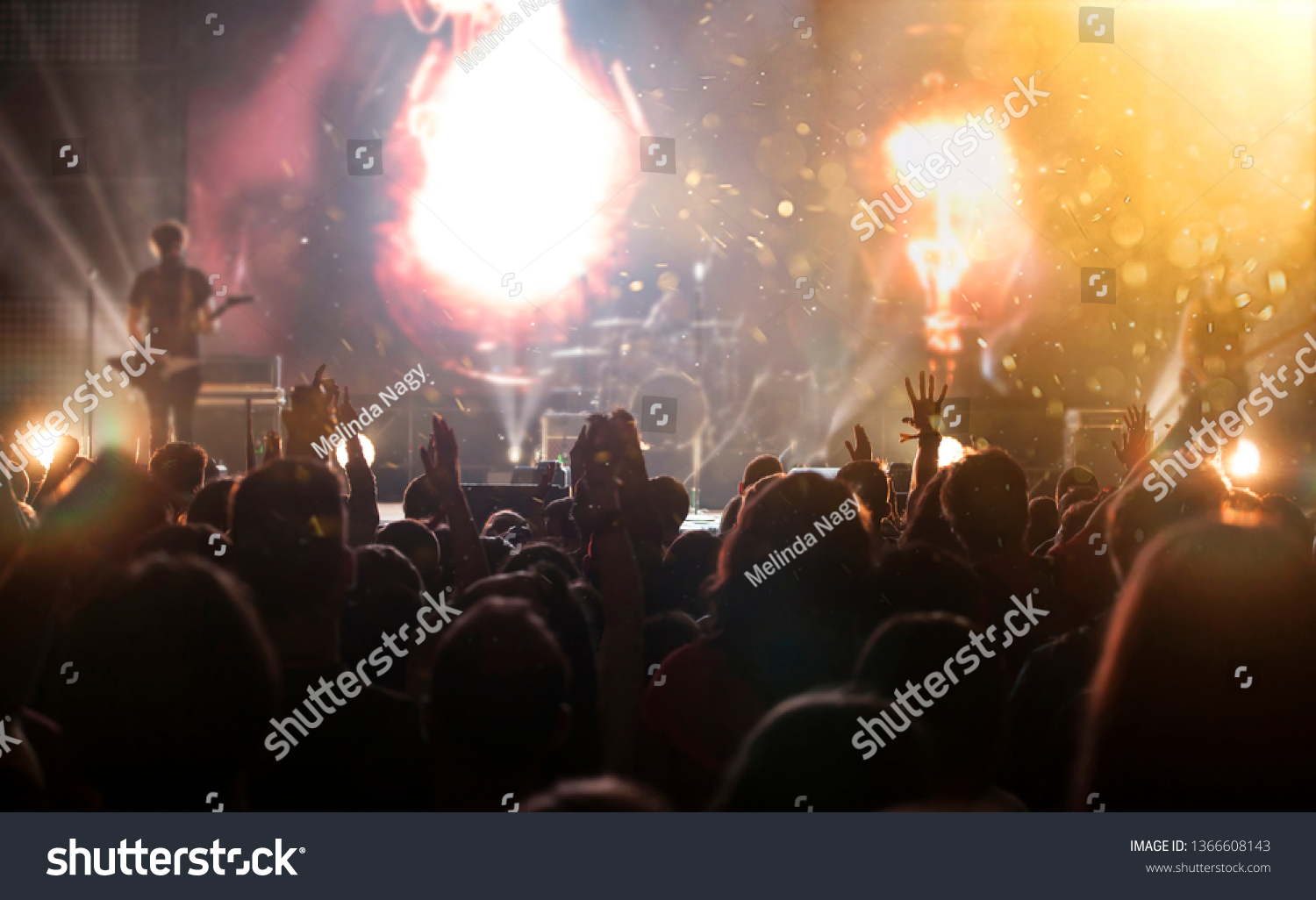 Crowd at concert - Cheering crowd in bright colorful stage lights #1366608143