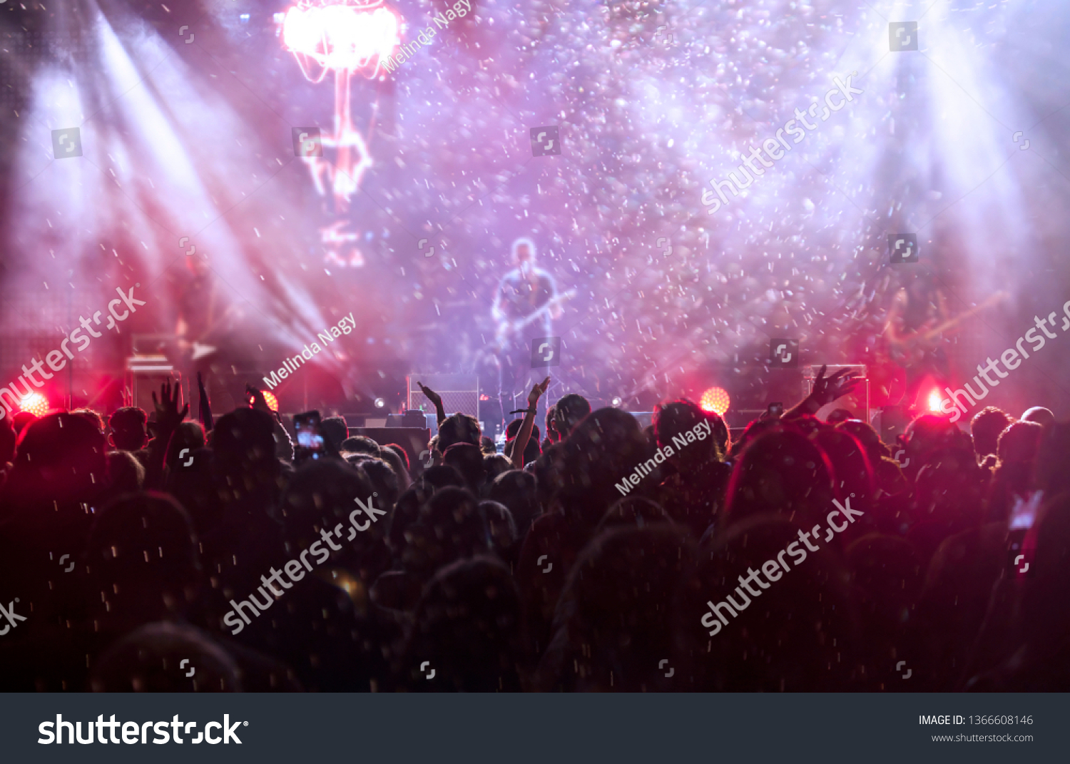 Crowd at concert - Cheering crowd in bright colorful stage lights #1366608146