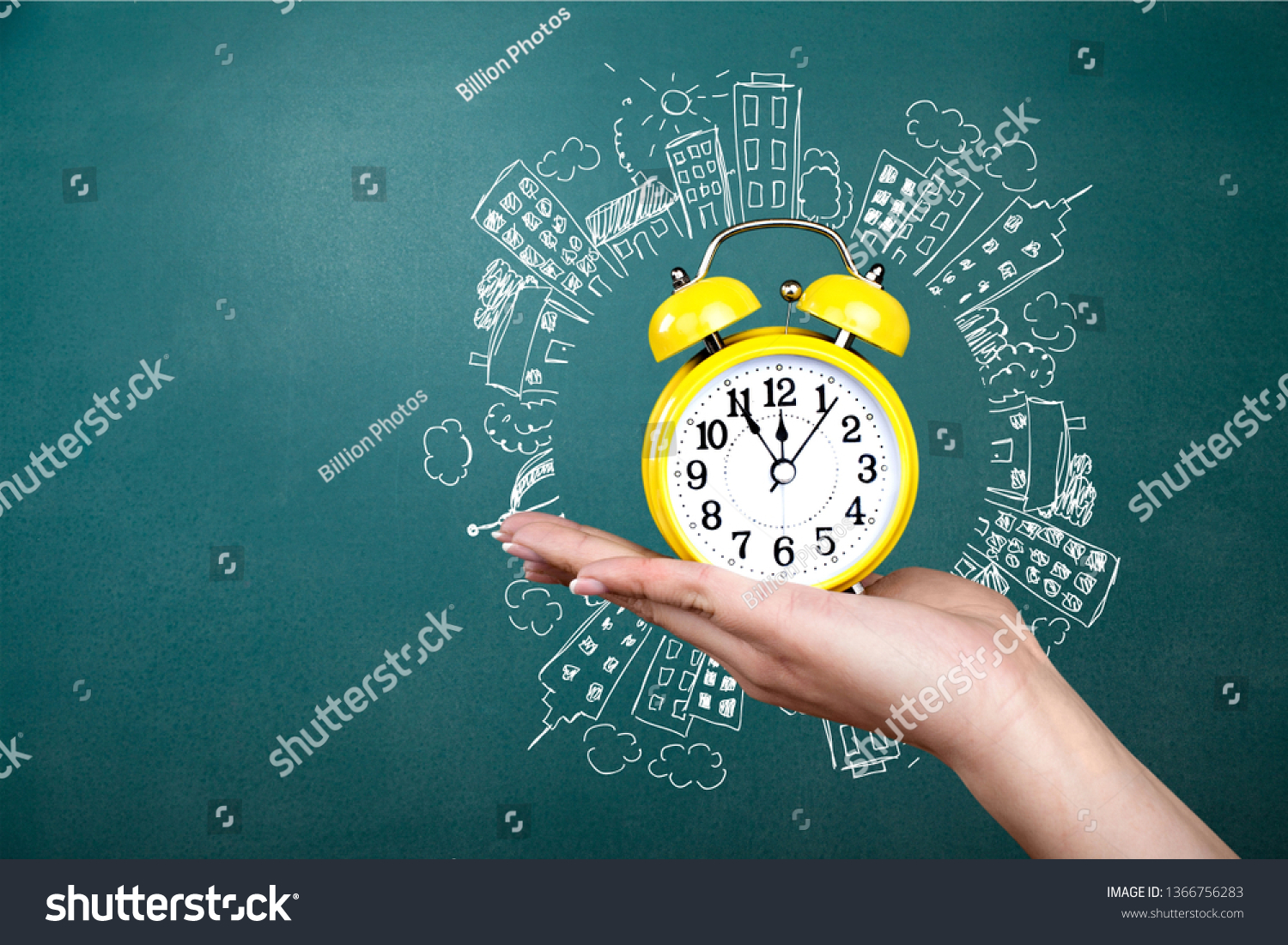 Hand holds clock time minute old alarm alert antique #1366756283