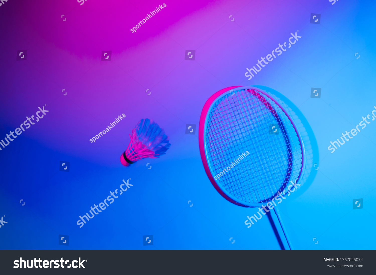 Badminton racket and shuttlecock in vibrant bold gradient holographic neon colors  #1367025074