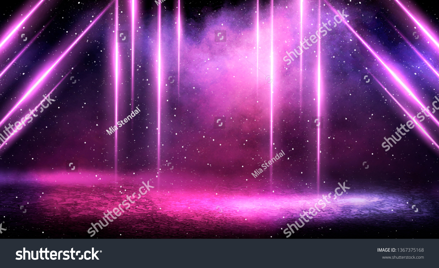 Ultraviolet background of empty foggy street with wet asphalt, illuminated by a searchlight, laser beams, smoke #1367375168