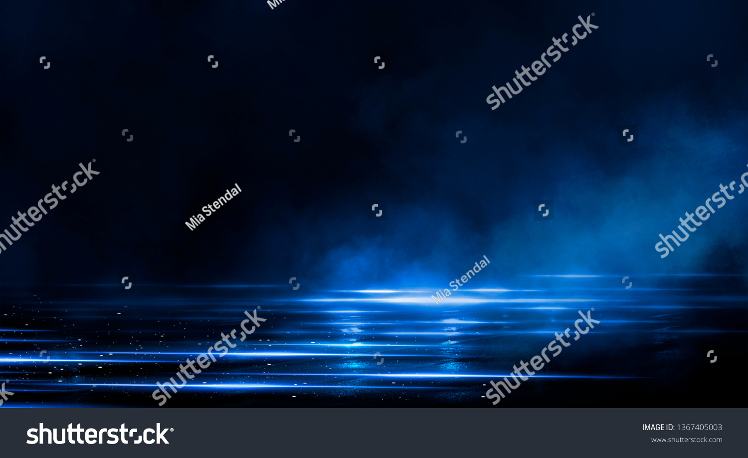Dark empty scene, blue neon searchlight light, wet asphalt, smoke, night view, rays. #1367405003