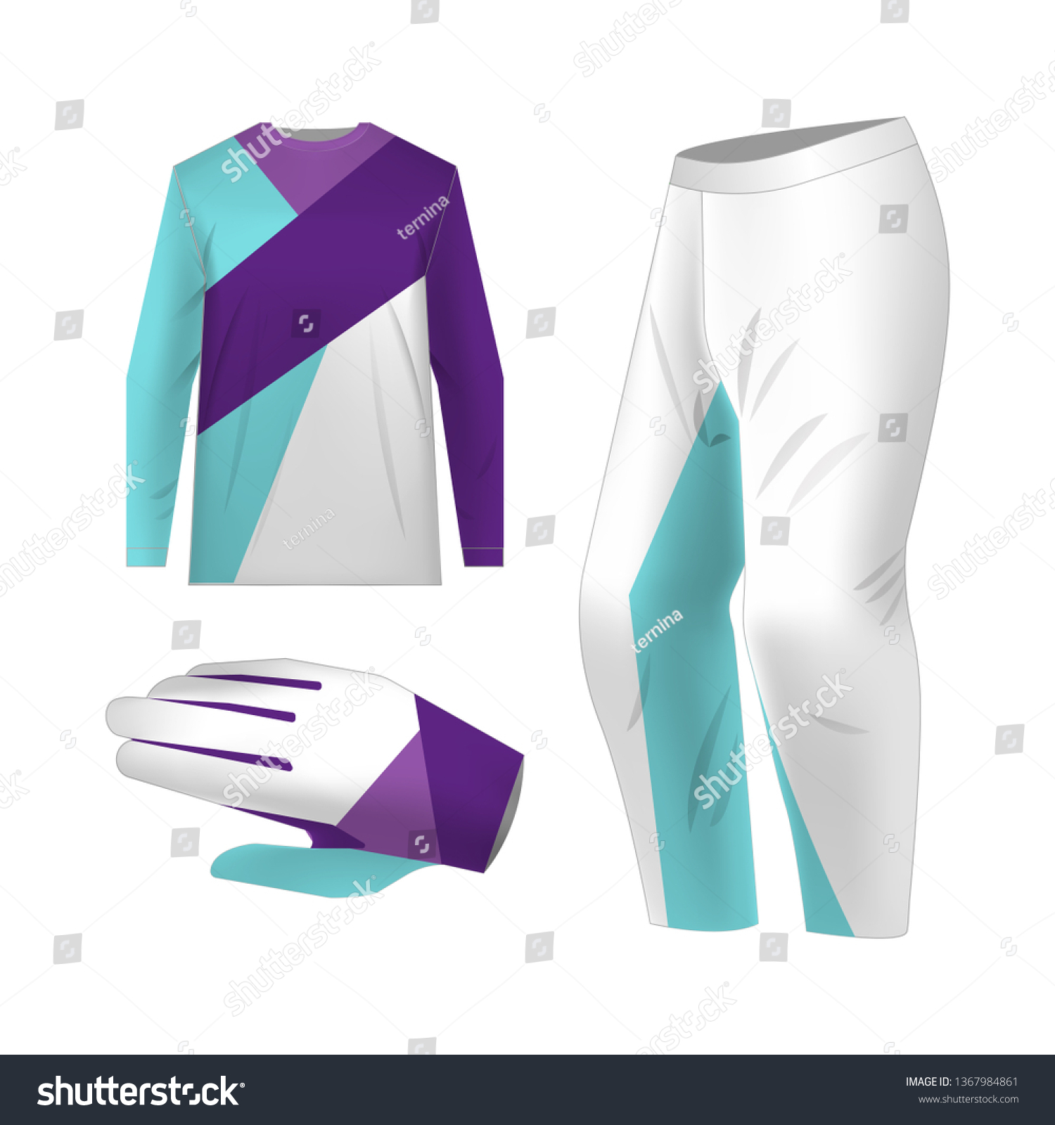 Blank motocross kit mock up. Isolated design templates. Long sleeve jersey, trousers and glove. Total look uniform design. Layout for own team wearing. #1367984861
