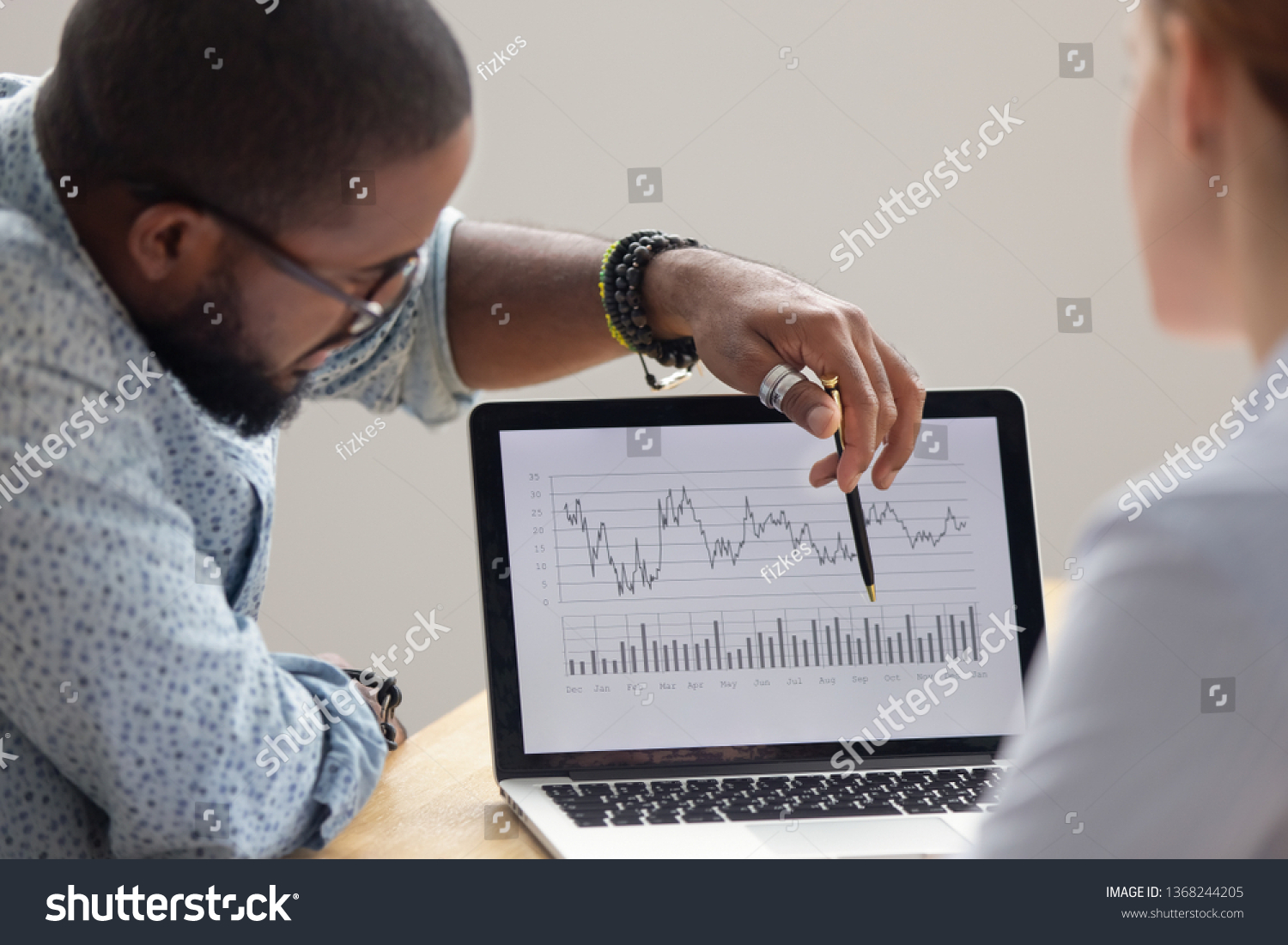 Focused african analyst showing client or colleague annual financial report analyzing business data on laptop screen using software for digital graphic statistic analysis, economic market graphs  #1368244205