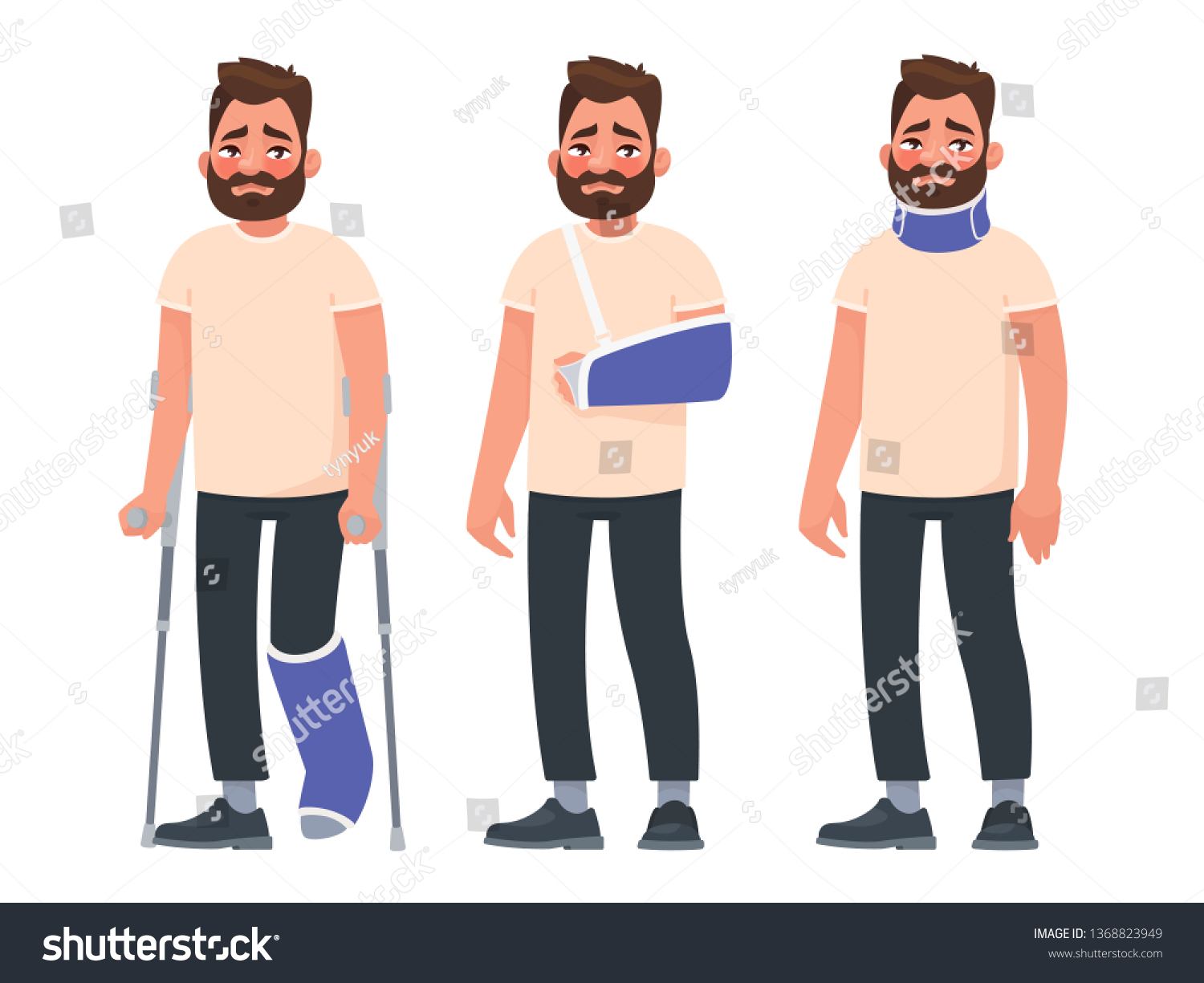 Set Of Sad Character Man With Injuries. Fracture - Royalty Free Stock ...