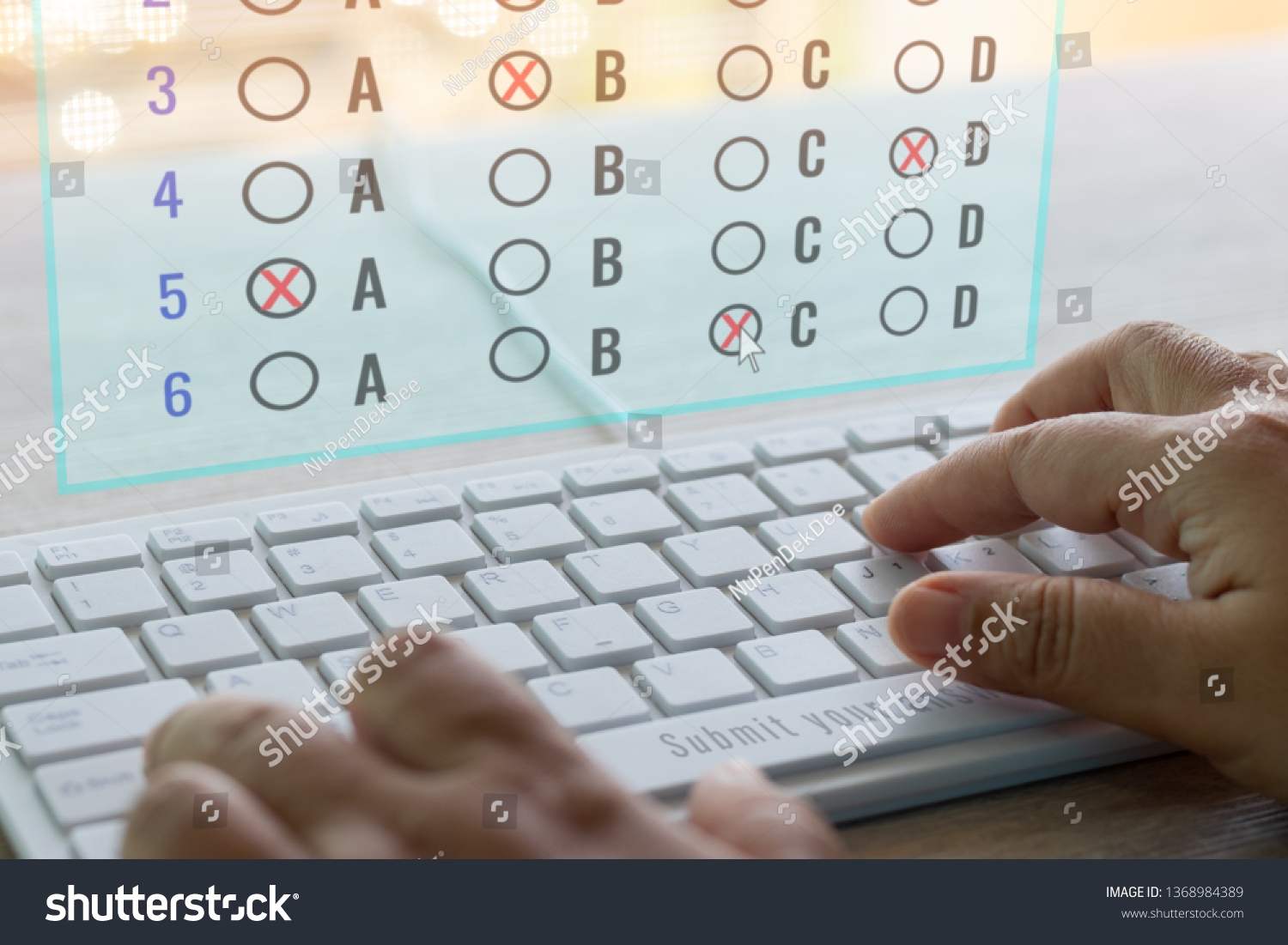 Dry hand of adult student using white keyboard on table to do test examination with multiple choice questions on virtual screen at home. Education futuristic technology and Lifelong learning concept. #1368984389