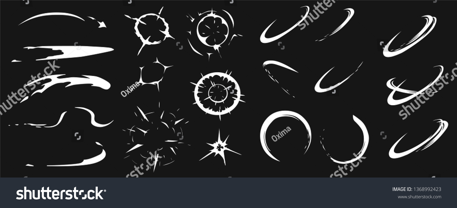 Set of white cartoon vector explosion effect frames. Comic energy blast with smoke, flame ring and shining particles for promo, video or web design. Sparks, trails, bangs, stars, circles for promo #1368992423