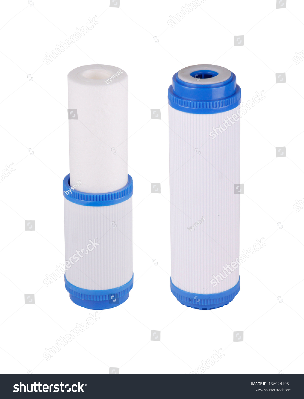 Set filters isolated white background. Foamed, pressed coal, granulated, cation exchange resin carbon polyphosphate post filter. Reverse Osmosis Membrane. Eliminates the unpleasant smell water. #1369241051