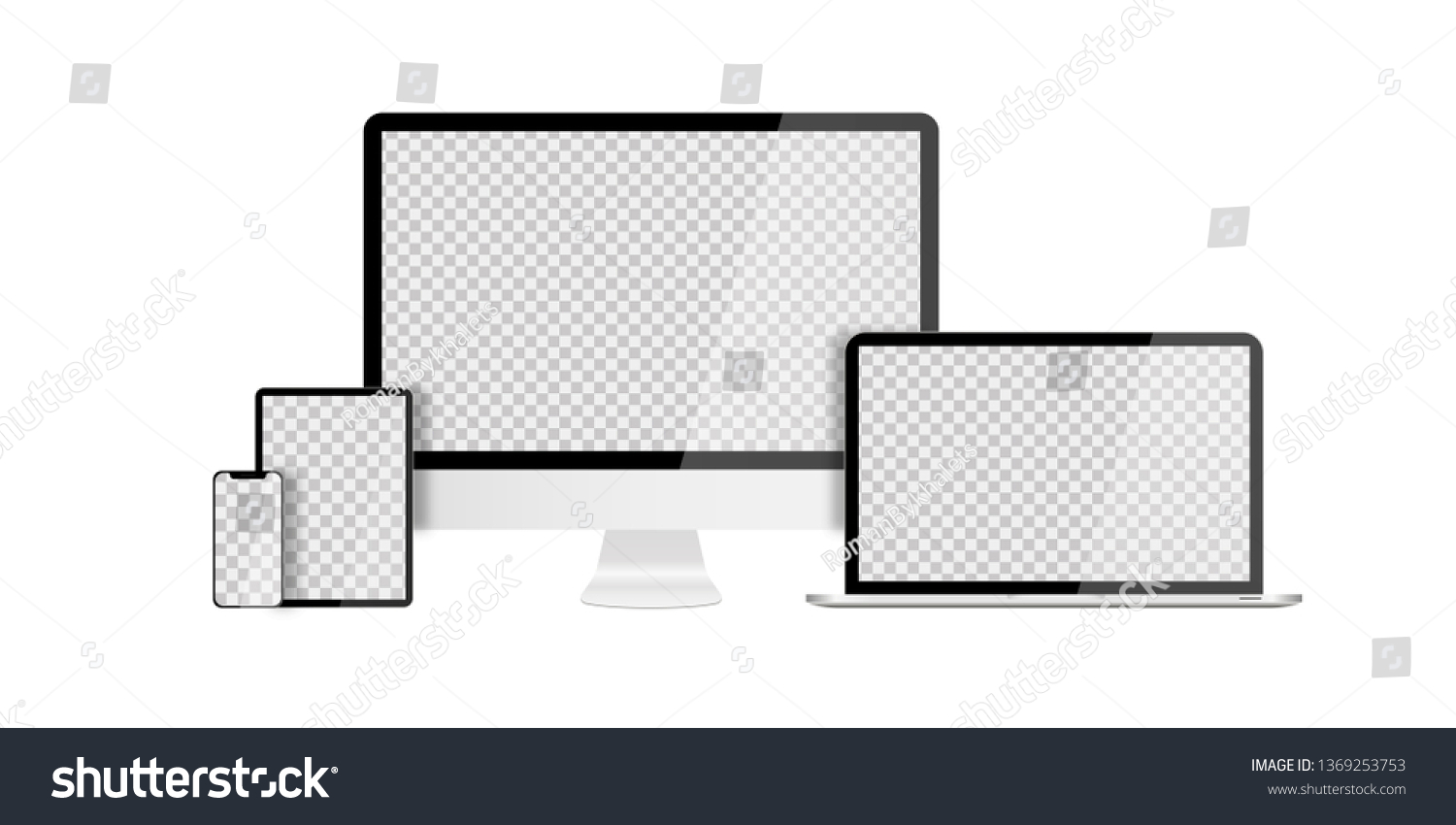 Set of devices on white background. Computer laptop tablet and smartphone with empty screens. Mock up. EPS 10
