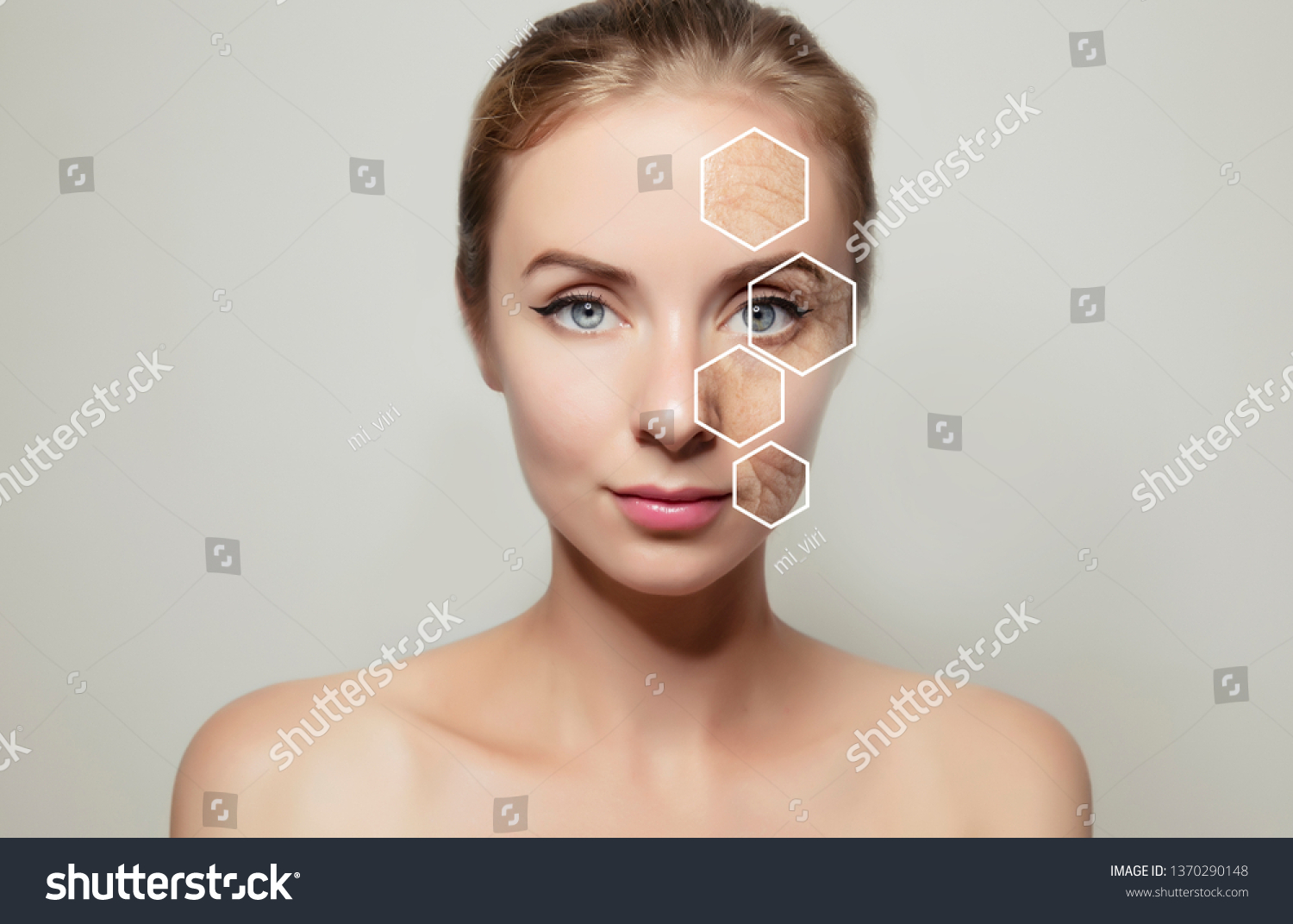 woman face portrait with graphic elements showing old problem skin #1370290148