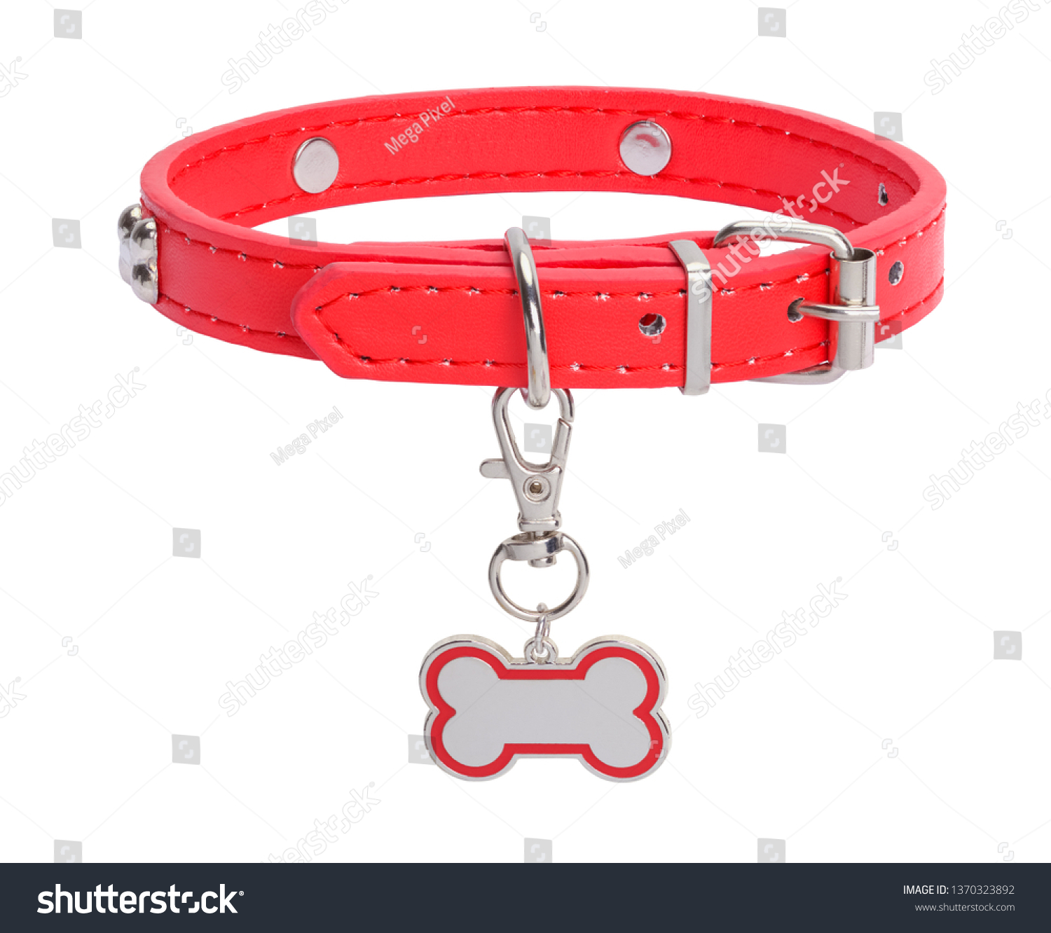 Red Leather Collar with Dog Bone Tag Isolated on White Background. #1370323892