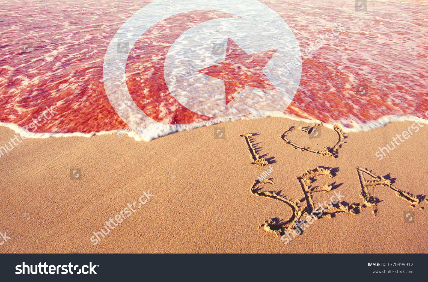 Beach sand, sea and flag Tunisia,. I love Tunisia concept #1370399912