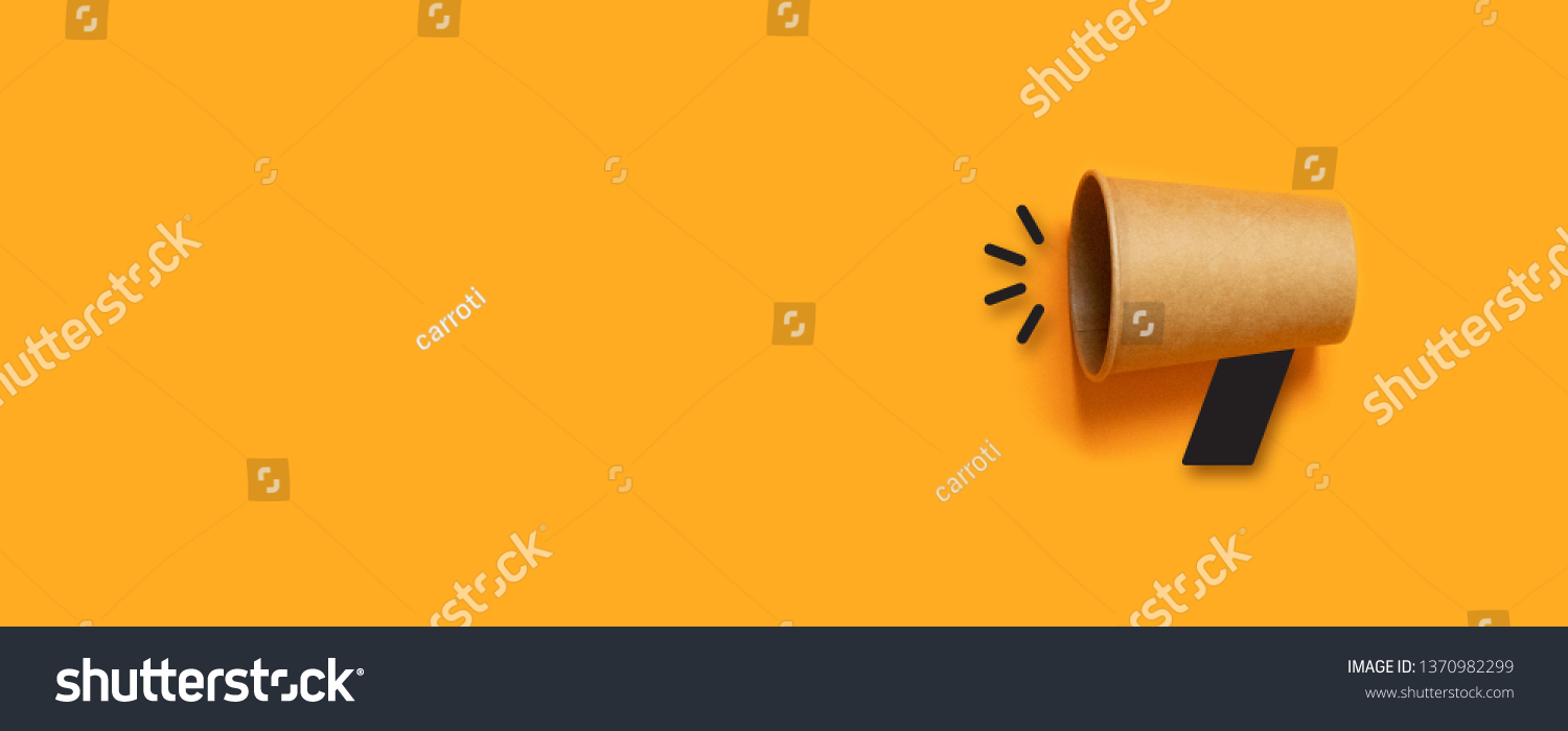 Refer a Friend. Business concept image with paper cup on orange background with copy space. Minimal flat lay #1370982299