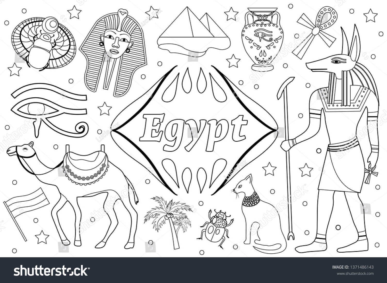 Ancient magic Egypt set objects objects. Coloring book page for kids. Collection design elements witch sorrow beetles, pharaoh, pyramid, ankh, anubis, camel, antique hieroglyp. Vector illustration. #1371486143