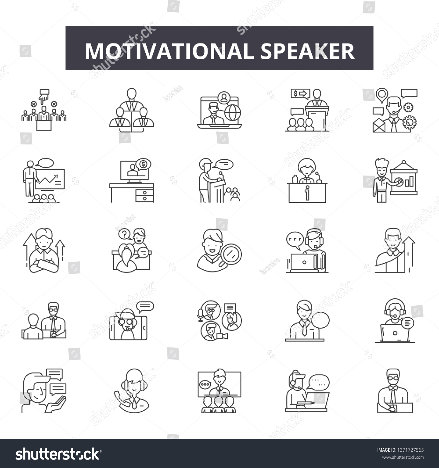Motivational speaker line icons, signs set, vector. Motivational speaker outline concept, illustration: speaker,business,motivation,speech,communication,leadership,meeting #1371727565