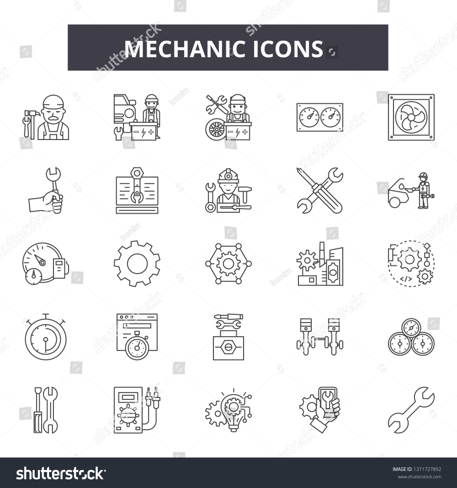 Mechanic icon line icons, signs set, vector. Mechanic icon outline concept, illustration: service,mechanic,repair,engine,auto,wheel,car #1371727892