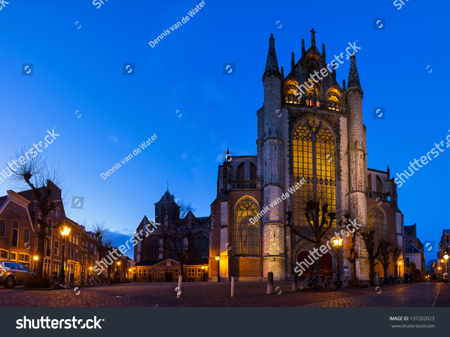 Panorama of the front of the 'Hooglandse kerk' church in Leiden at twilight #137202023
