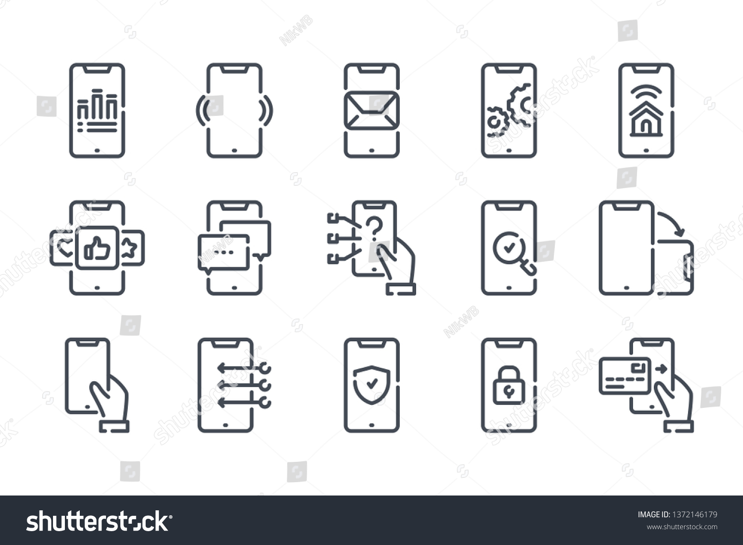Smartphone services related line icon set. Mobile phone linear icons. Mobile technology outline vector sign collection. #1372146179