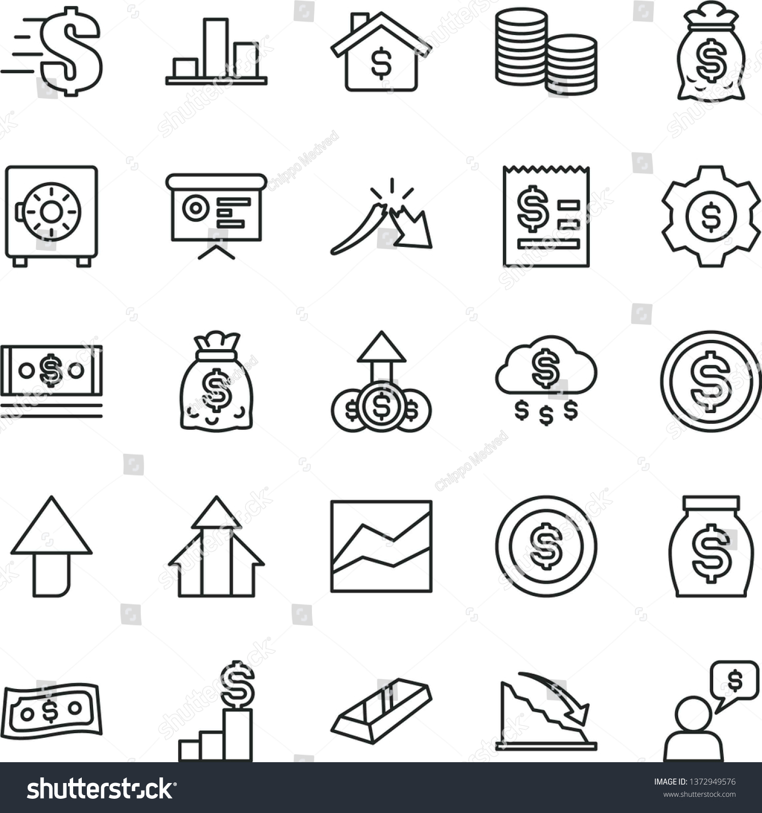 thin line vector icon set - upward direction vector, dollar, line chart, strongbox, coins, recession, a crisis, article on the, money, dollars, cash, financial report, growth arrows, gold bar, rain #1372949576