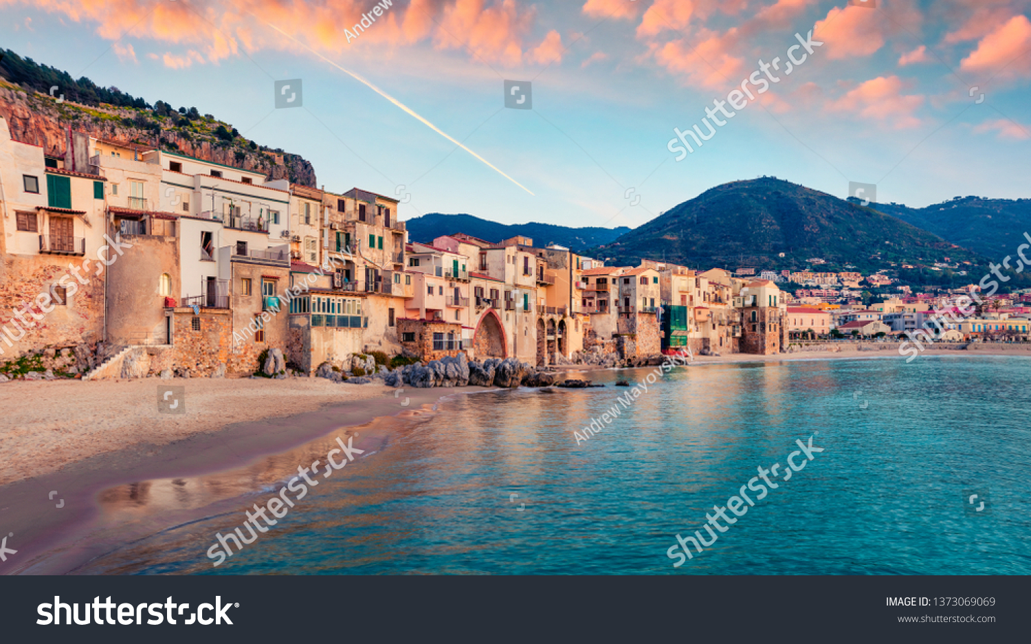 Attractive evening cityscape of Cefalu town. Amazing sunset on Mediterranean sea, Sicily, Italy, Europe. Traveling concept background. #1373069069