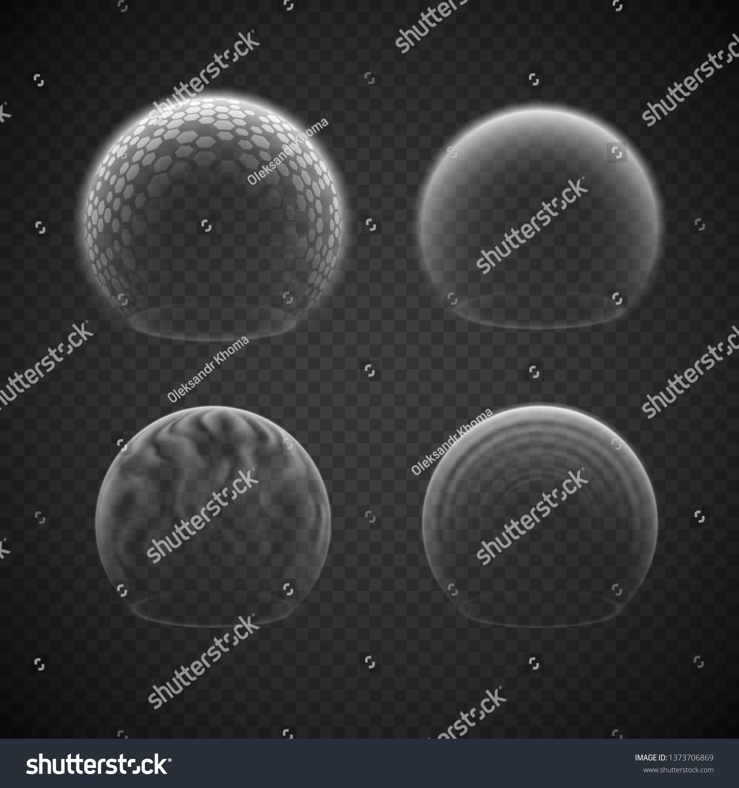 Force field set isolated on transparency grid, various energy or defense shields, deflector or force bubble, science fiction element or metaphor of absolute protection