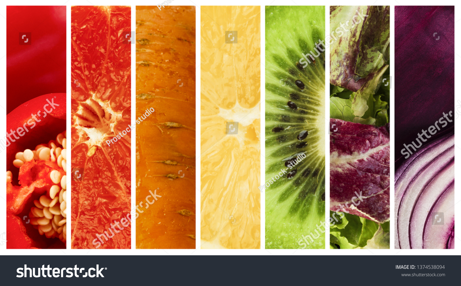 Summer food collage. Collection of ripe colorful fruits and vegetables, panorama #1374538094