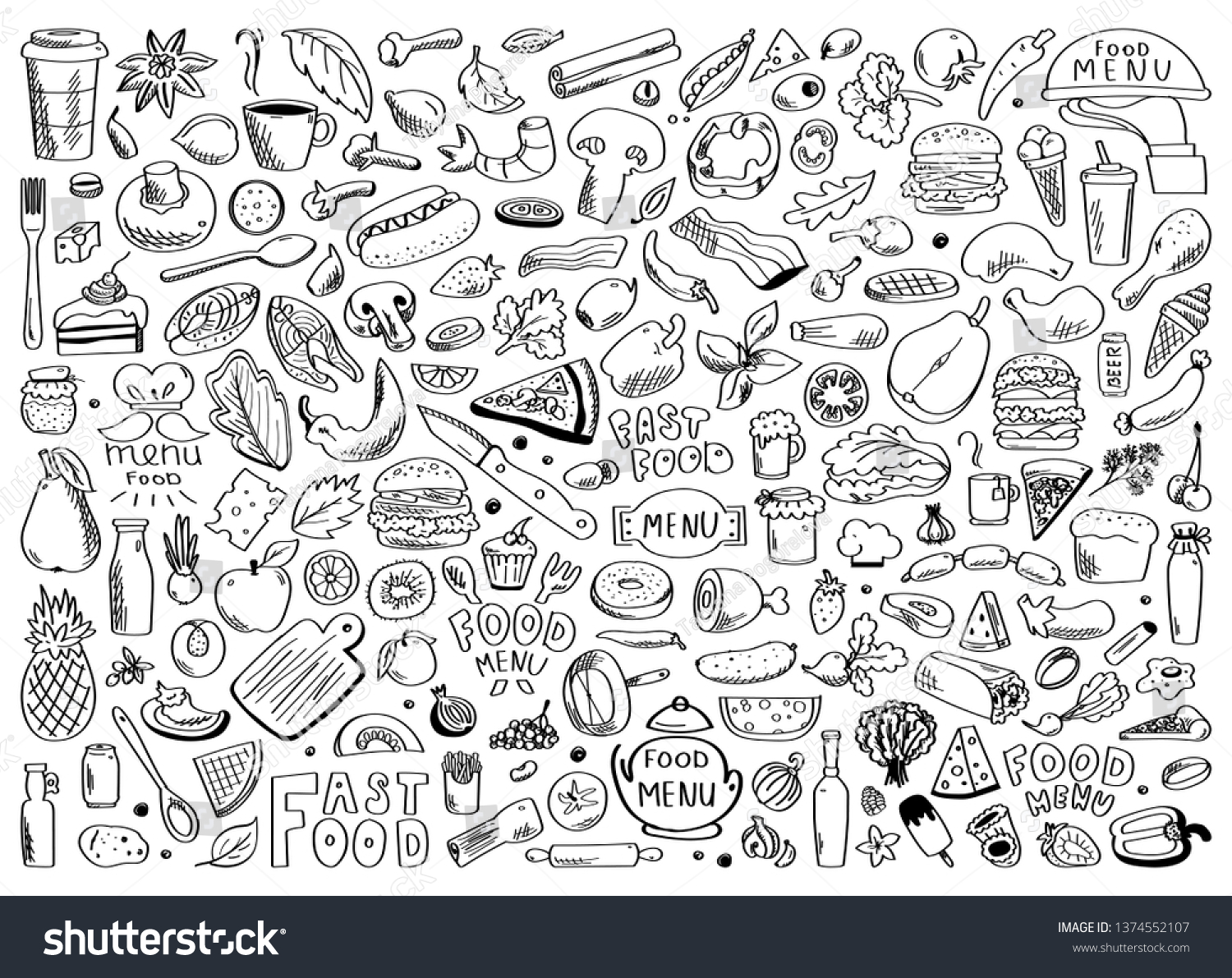 Hand drawn set of healthy food ingredient doodles with lettering in vector #1374552107