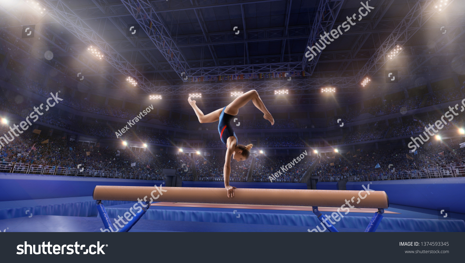 Female athlete doing a complicated exciting trick on gymnastics balance beam in a professional gym. Girl perform stunt in bright sports clothes #1374593345
