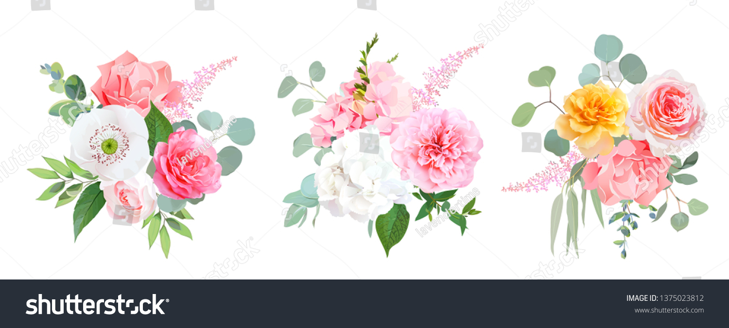 Pink, coral and yellow rose, white hydrangea, carnation, papaver, peony, garden flowers, eucalyptus, astilbe, greenery, leaves vector wedding design bouquets. All elements are isolated and editable #1375023812