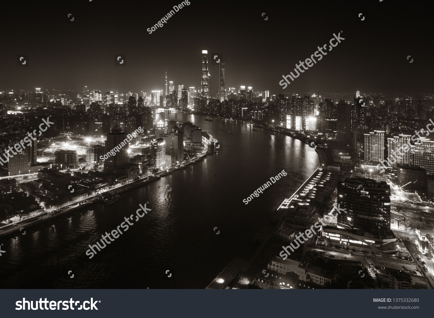 Shanghai Huangpu River night view with city skyline in China. #1375332680
