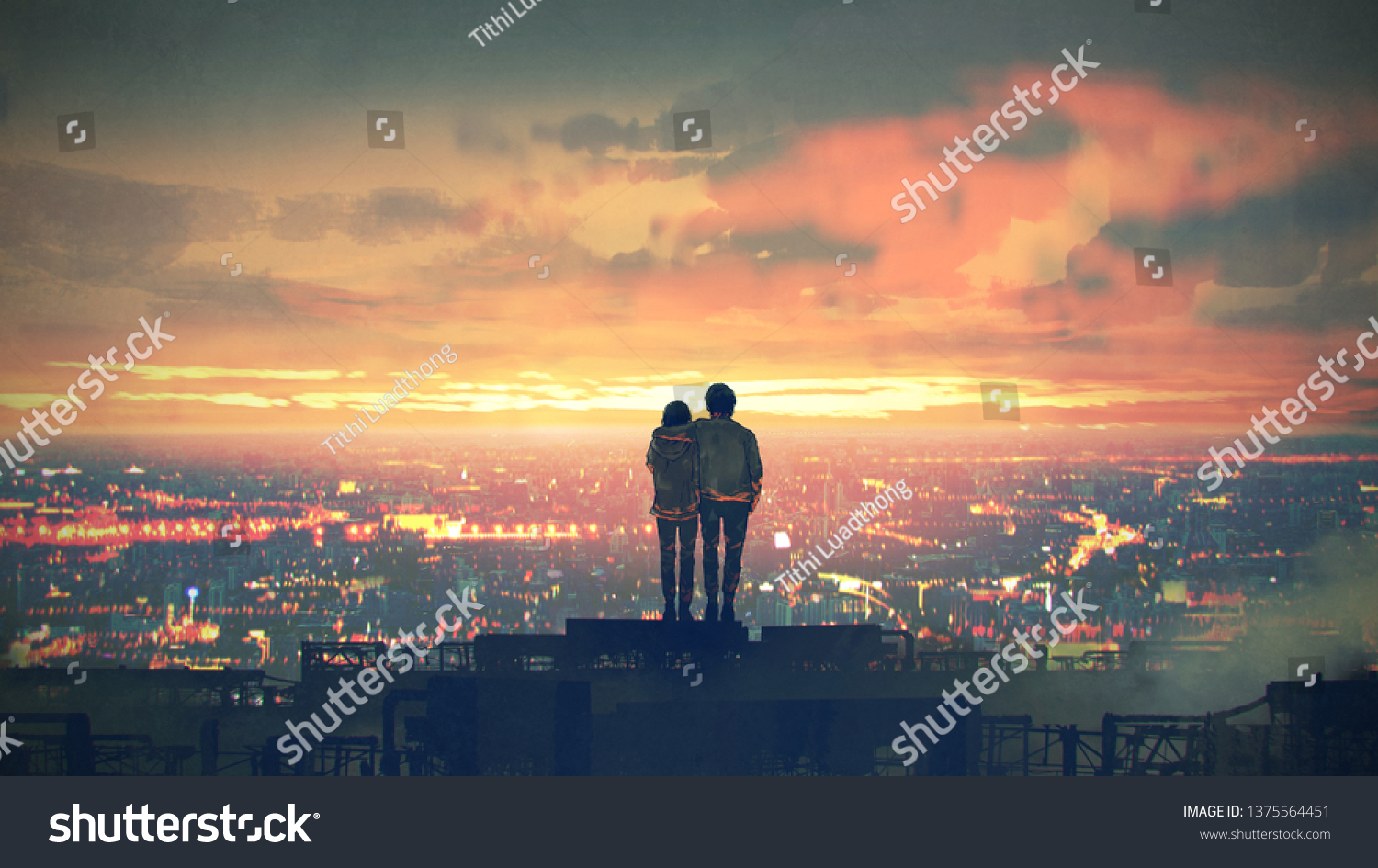 young couple standing on the roof top looking at cityscape at sunset, digital art style, illustration painting #1375564451