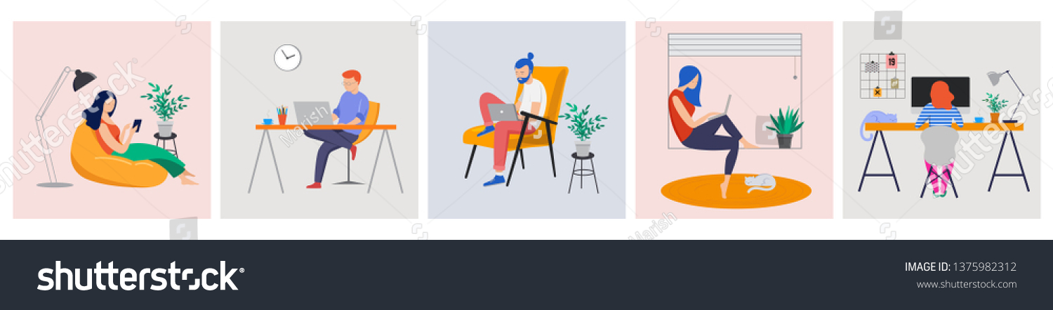 Working at home, coworking space, concept illustration. Young people, mаn and womаn freelancers working on laptops and computers at home. Vector flat style illustration #1375982312