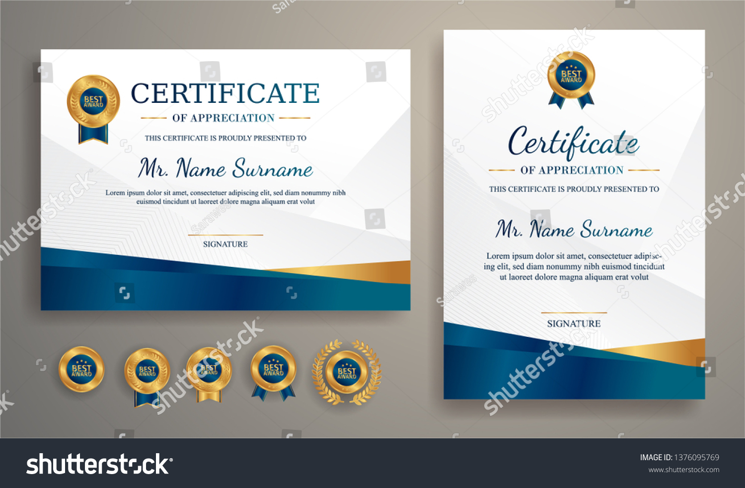 Certificate of appreciation template, gold and blue color. Clean modern certificate with gold badge. Certificate border template with luxury and modern line pattern. Diploma vector template #1376095769