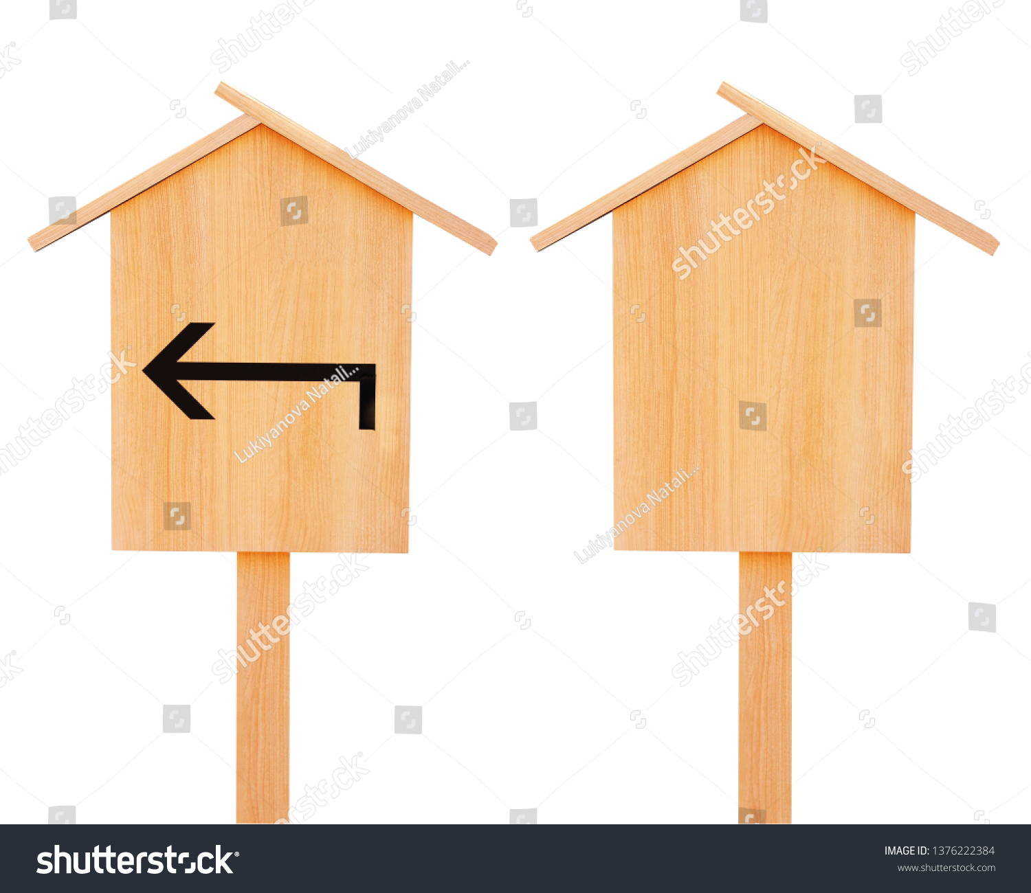Set of two old wooden signboards - blank and with arrow. Object isolated on white background. Mock up template. Copy space for text #1376222384