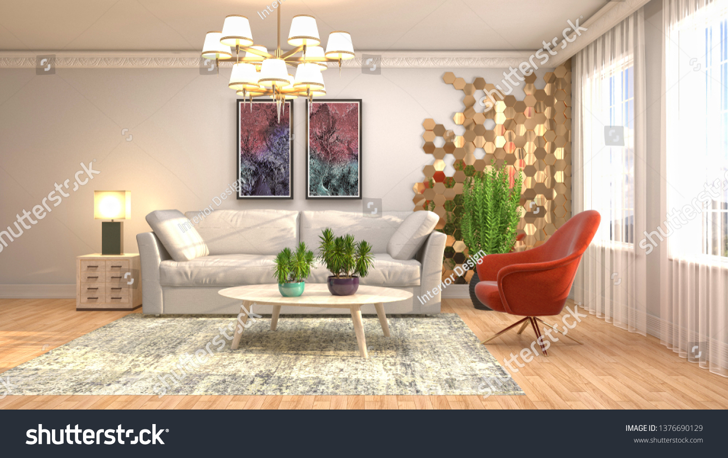Interior of the living room. 3D illustration #1376690129