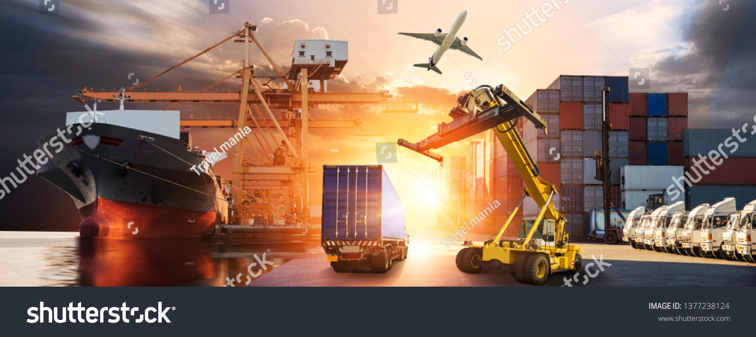 Container truck in ship port for business Logistics and transportation of Container Cargo ship and Cargo plane with working crane bridge in shipyard , logistic import export and transport industry  #1377238124
