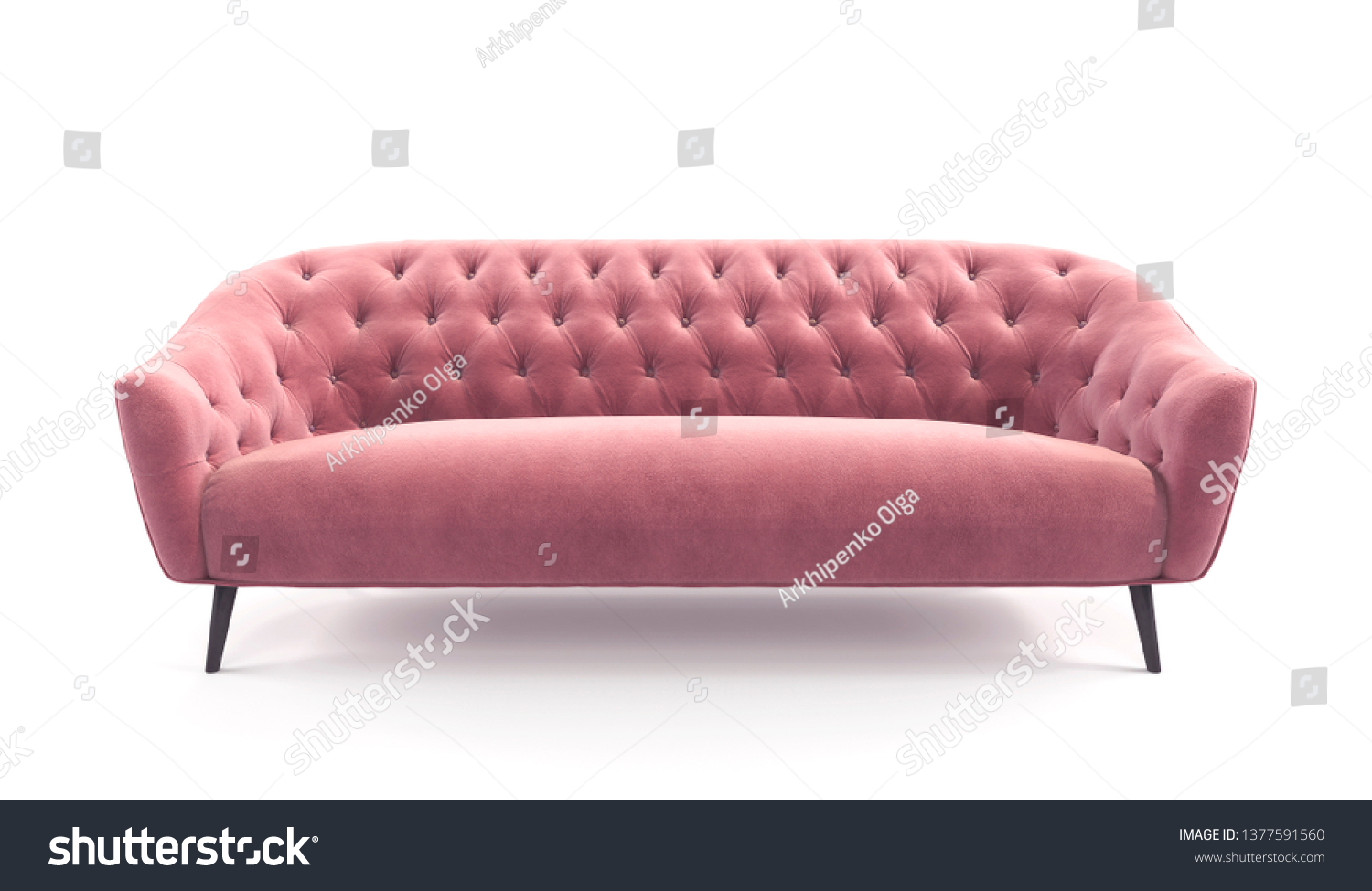 Modern fashionable stylish pink sofa with carriage stitch, buttons, with legs on isolated white background. Furniture, interior object, stylish sofa. Romantic female sofa.  #1377591560