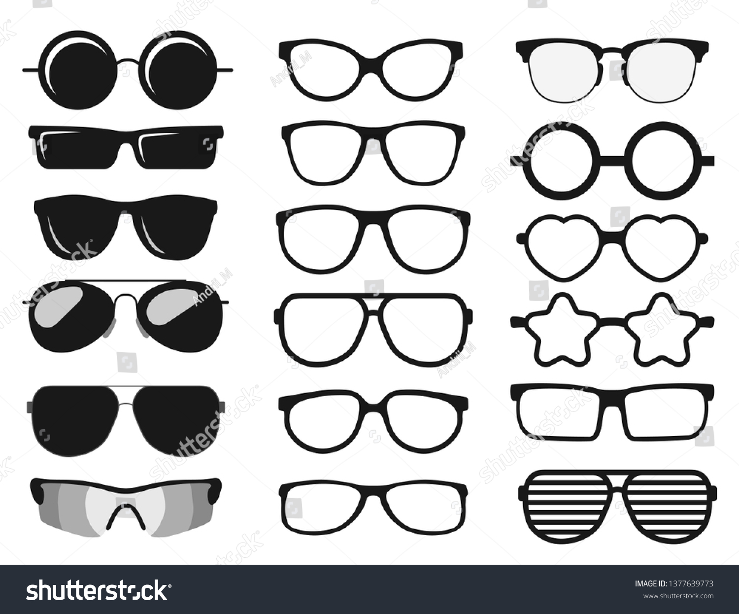 Sunglasses set, Summer eyewear sun protection sunglass. Fashion spectacles accessory. Plastic frame modern eyeglasses. Vacation item. Vector #1377639773