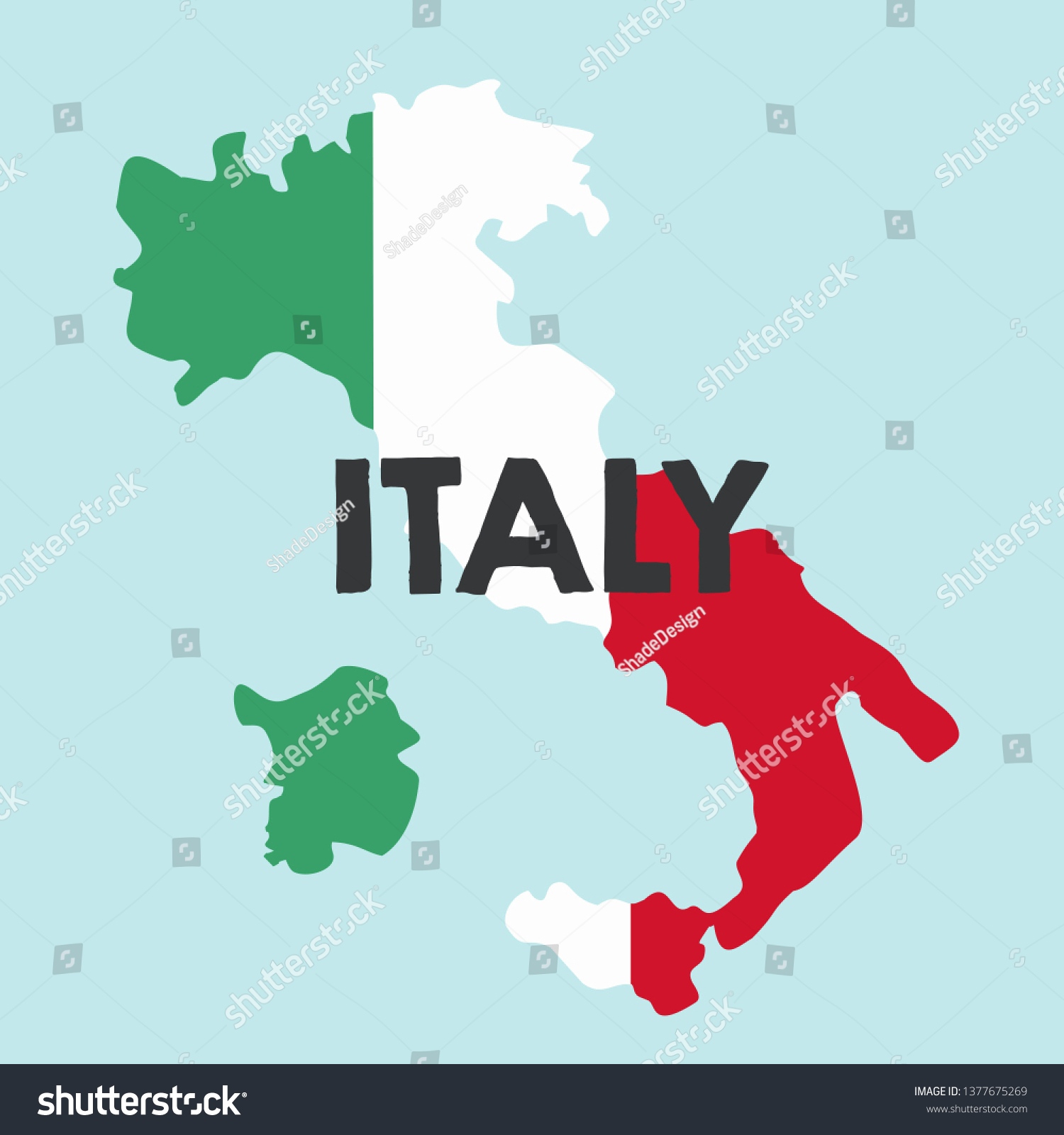 Vector icon map of Italy. Map of Italy in the color of the Italian flag. Illustration of a map of Italy in flat minimalism style and text: Italy. #1377675269
